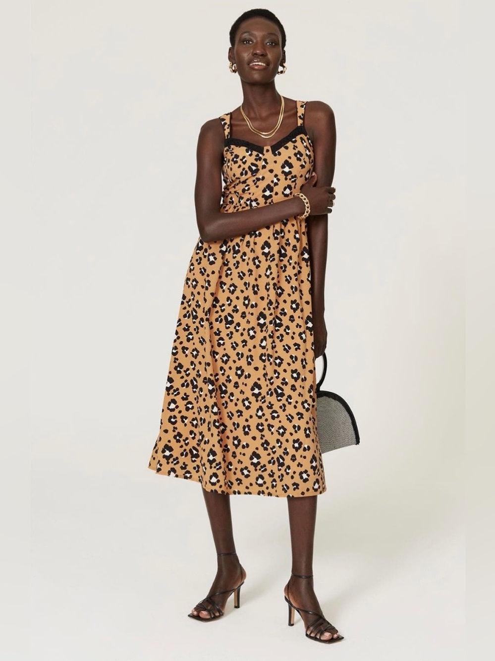 Thakoon~Tan Printed Leopard Midi Dress with Black Lace Trim~Size 4~$380~